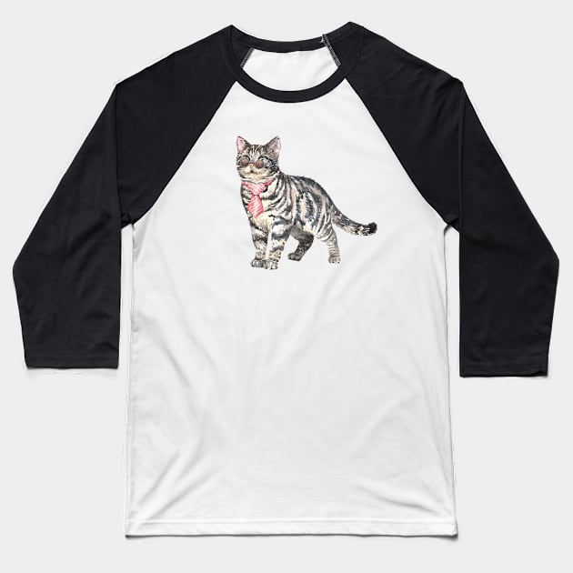 Funny Watercolor American Shorthair Cat Wearing Cravat and Sunglasses Baseball T-Shirt by labatchino